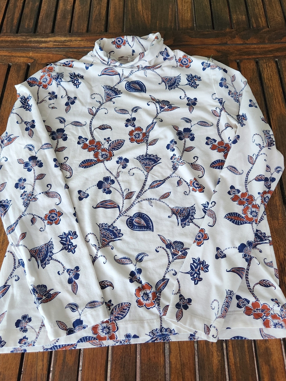 Women's LOFT Floral & Paisley Turtleneck Top Size Large Navy & Rust Cottagecore